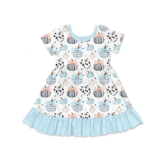 presale GSD2579  Baby Girls Blue Short Sleeves Bows Pumpkins Knee Length Dresses  D 5.9