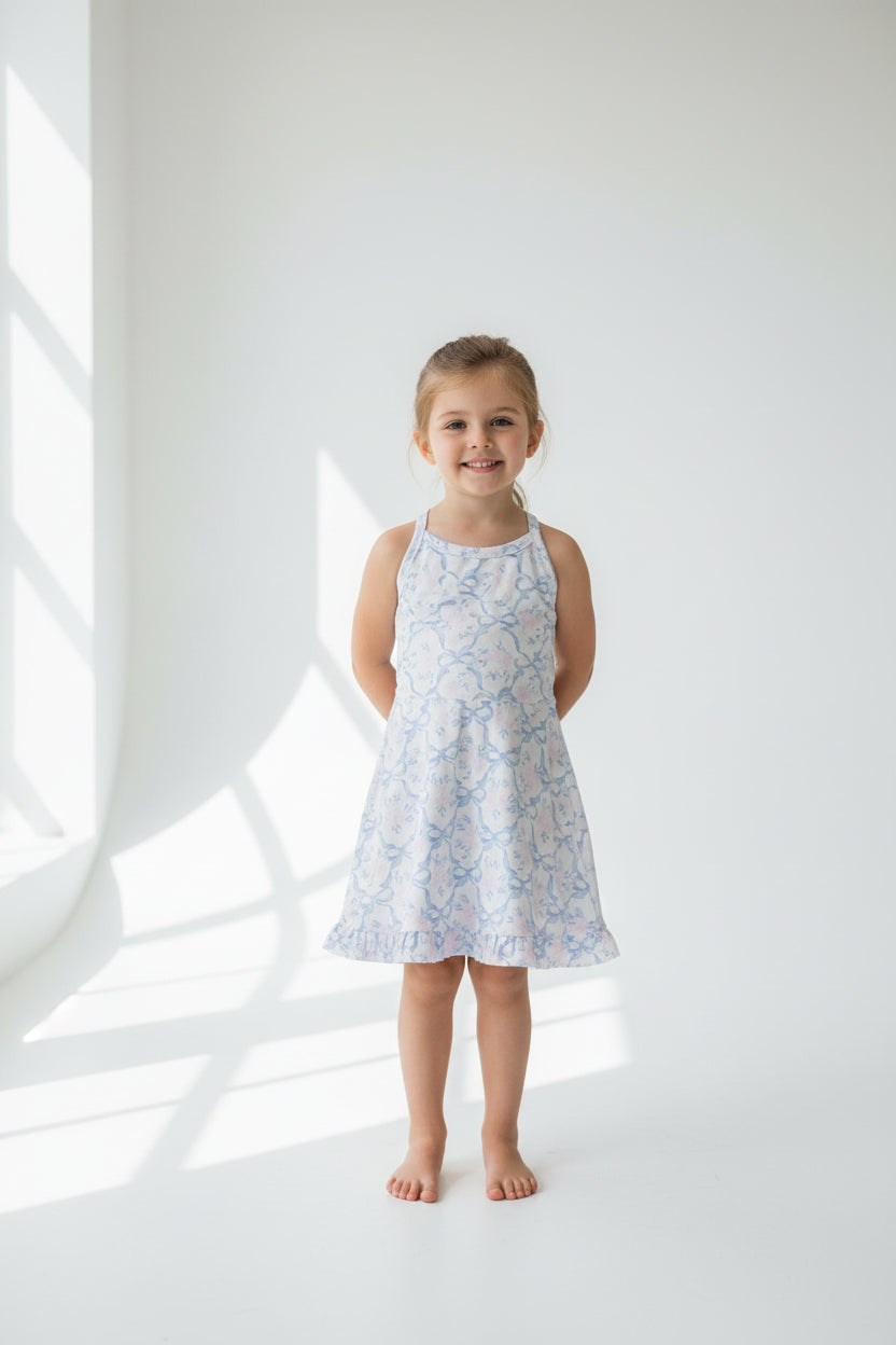 GSD2580 Baby Girls Strap Blue Bows Floral Yoga Ruffle Athletic Dresses  D 5.30