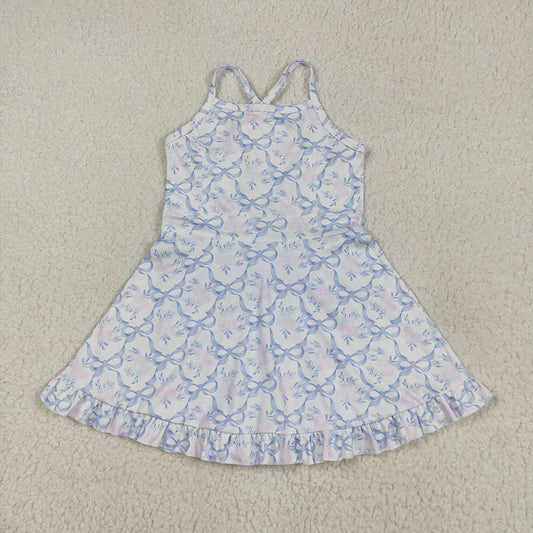 GSD2580 Baby Girls Strap Blue Bows Floral Yoga Ruffle Athletic Dresses D 5.30