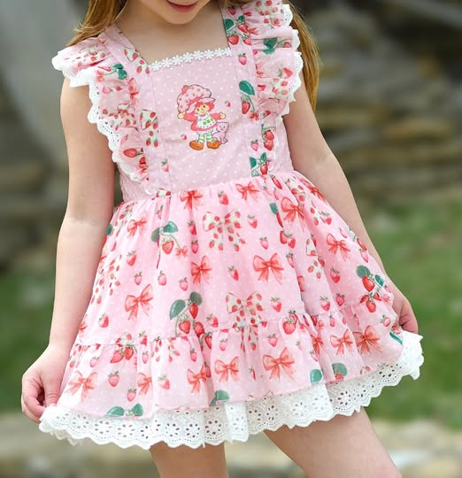 presale GSD2581  Baby Girls Pink Flutter Sleeves Strawberry Bows Knee Length Dresses D 5.14