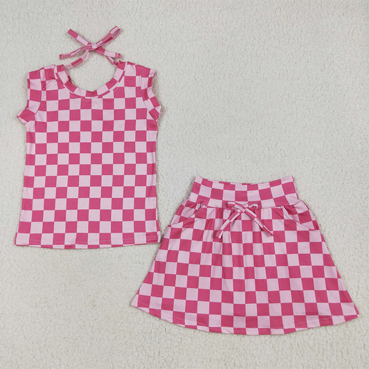 GSD2584 Sleeveless pink plaid bow top skirt kids girls clothing D 6.18