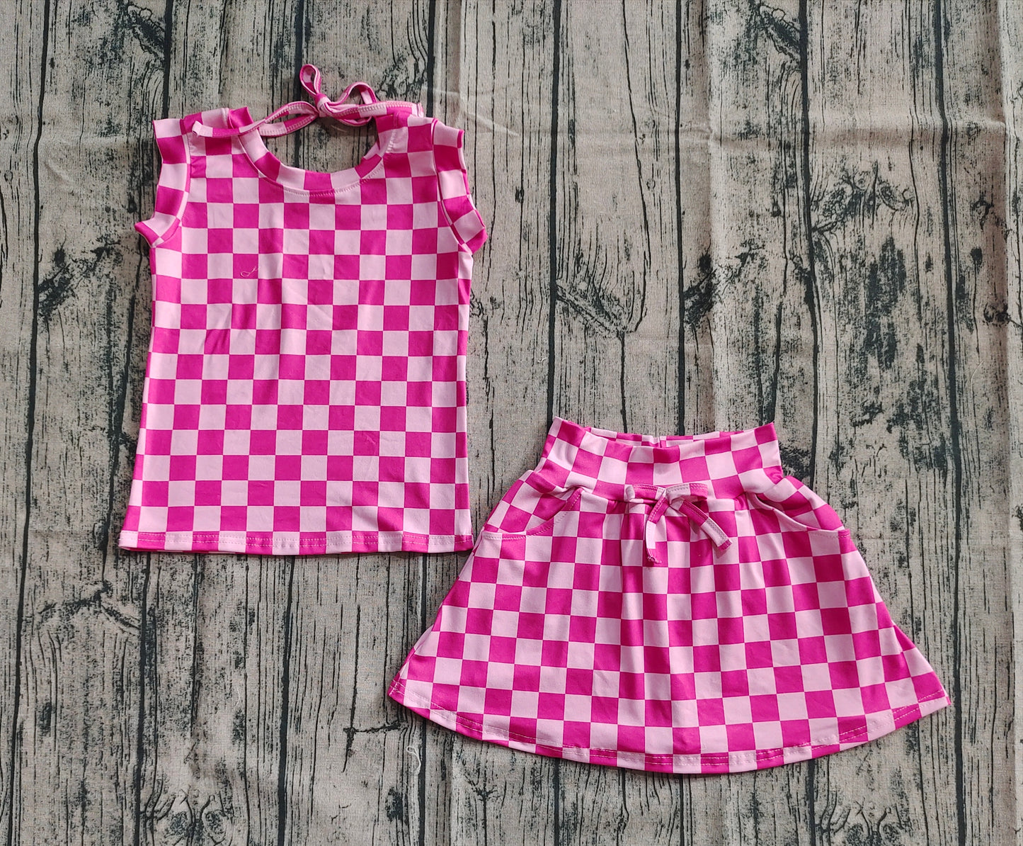 GSD2584 Sleeveless pink plaid bow top skirt kids girls clothing D 6.18