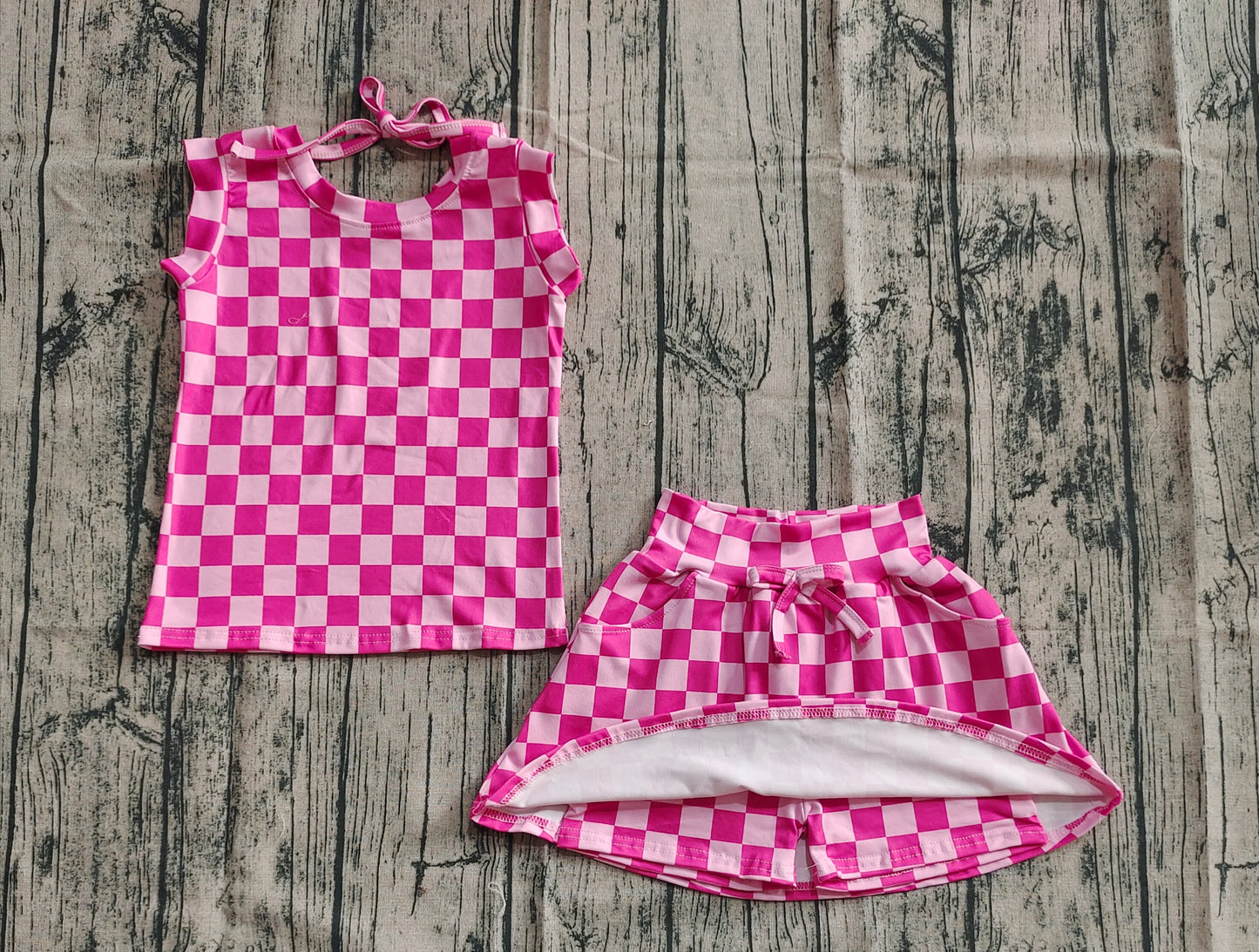 GSD2584 Sleeveless pink plaid bow top skirt kids girls clothing D 6.18
