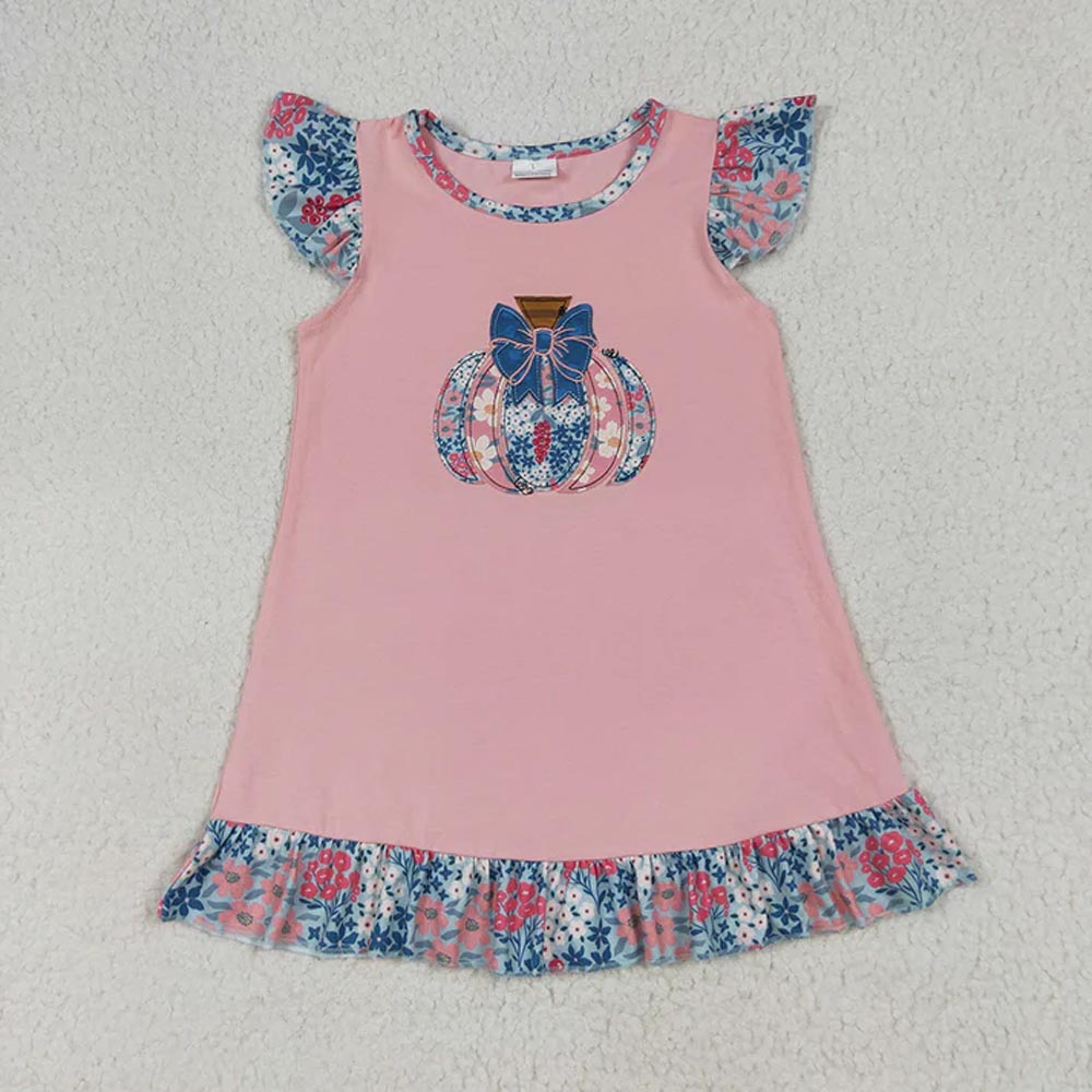 Sibling Embroidery Baby Girls Pink Floral Pumpkin Rompers Dresses Outfits D 7.7