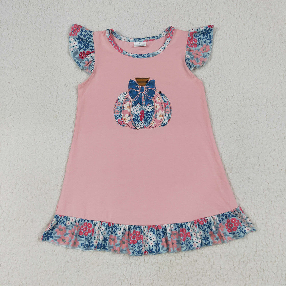 GSD2585  Baby Girls Pink Flutter Sleeves Floral Pumpkin Ruffle Knee Length Dresses D 6.3