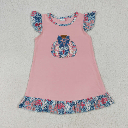 GSD2585  Baby Girls Pink Flutter Sleeves Floral Pumpkin Ruffle Knee Length Dresses D 6.3