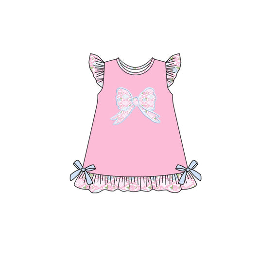 presale GSD2586 Baby Girls Pink Flutter Sleeves Flower Bows Top Ruffle Knee Length Dress  D 5.23