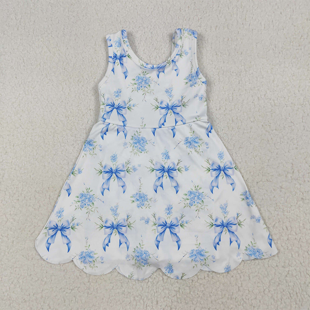 GSD2587  Baby Girls Blue Bows Floral Activity Wear Yoga Short Skort Knee Length Dresses  D 5.23