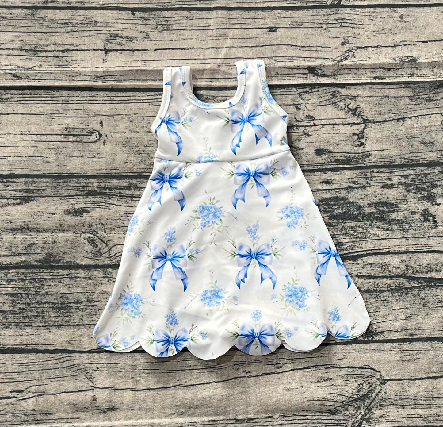 GSD2587  Baby Girls Blue Bows Floral Activity Wear Yoga Short Skort Knee Length Dresses  D 5.23