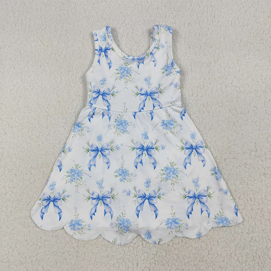 GSD2587  Baby Girls Blue Bows Floral Activity Wear Yoga Short Skort Knee Length Dresses  D 5.23