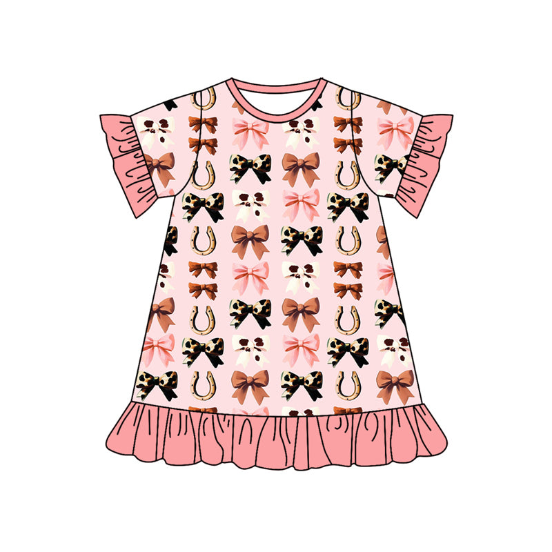 presale GSD2588 Baby Girls Pink Short Ruffle Sleeves Bows Horse Shoes Knee Length Dresses   D 5.23