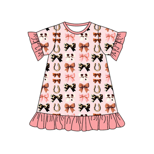presale GSD2588 Baby Girls Pink Short Ruffle Sleeves Bows Horse Shoes Knee Length Dresses   D 5.23
