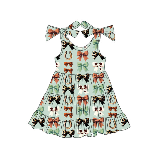 presale GSD2589 Baby Girls Green Strap Bows Horse Shoes Knee Length Dresses D 5.23