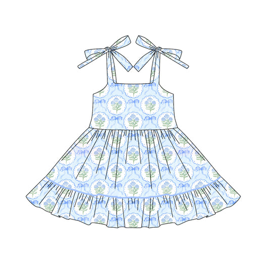 presale GSD2590 Baby Girls Blue Strap Bows Flower Plaid Knee Length Dresses  D 5.23