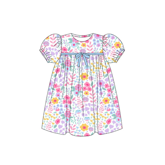 presale GSD2592  Baby Girls Short Ruffle Sleeves Pink Lavender Floral Bow Knee Length Dresses  D 5.24