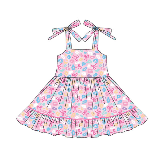 presale GSD2593 Baby Girls Pink Strap Bows Leopard Ruffle Knee Length Dresses  D 5.24