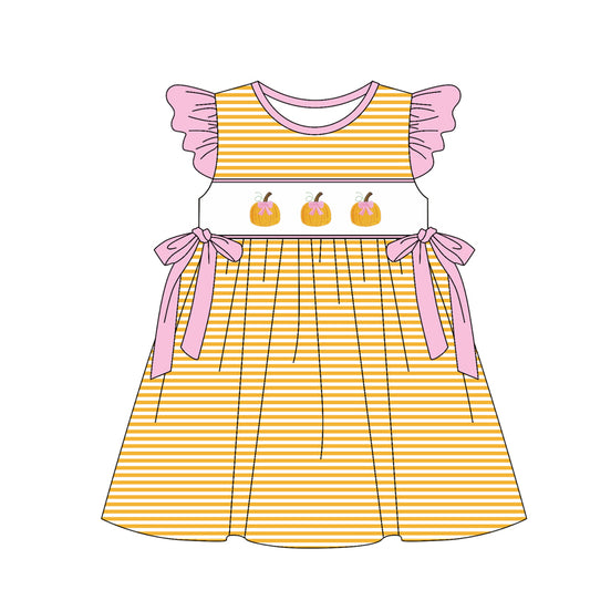presale Baby Girls Flutter Sleeves Pumpkins Yellow Stripe Bows Knee Length Dresses D 5.24