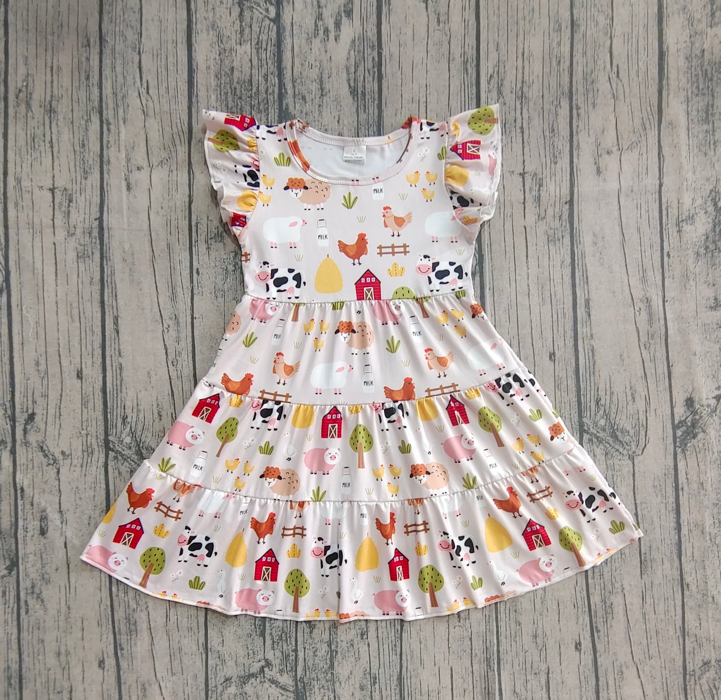 GSD2595 Baby Girls Flutter Sleeves Cows Chicks Farm Knee Length Dresses  D 7.15