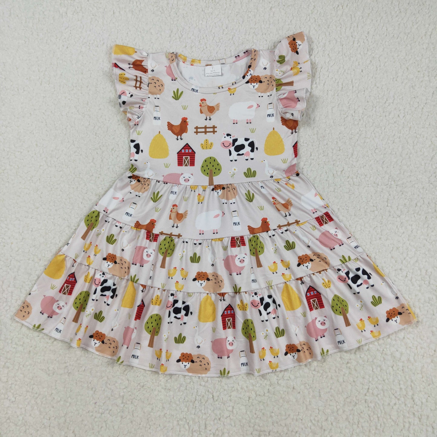 GSD2595 Baby Girls Flutter Sleeves Cows Chicks Farm Knee Length Dresses