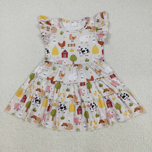 GSD2595 Baby Girls Flutter Sleeves Cows Chicks Farm Knee Length Dresses