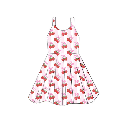 presale GSD2598  Baby Girls Sleeveless Pink Stripe Bows Strawberry Knee Length Dresses D 5.26