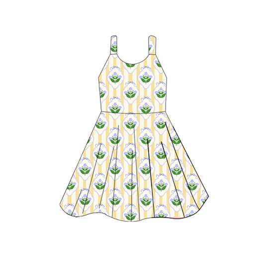 presale GSD2599 Baby Girls Sleeveless Yellow Stripe Green Flowers Knee Length Dresses D 5.27