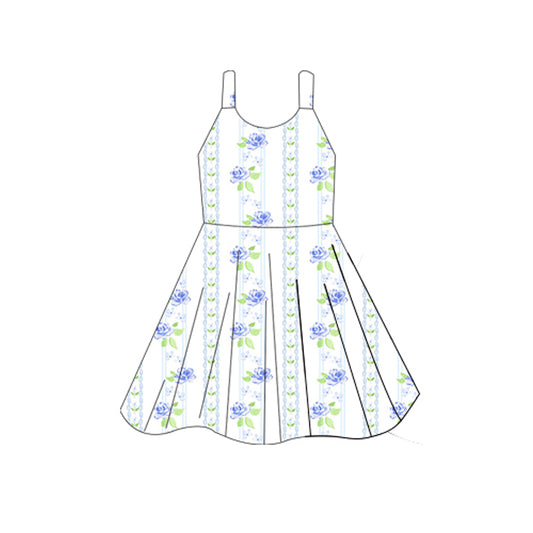 presale GSD2601  Baby Girls Sleeveless Blue Flowers Stripes Knee Length Dresses D 5.27