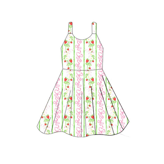 presale GSD2604 Baby Girls Sleeveless Pink Bows Strawberry Stripes Knee Length Dresses  D 5.27