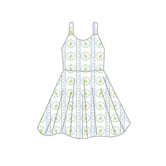 presale GSD2605 Baby Girls Sleeveless Blue Flowers Stripes Knee Length Dresses  D 5.27