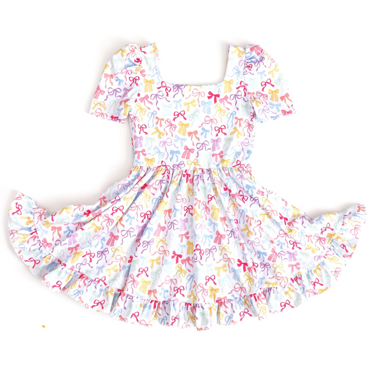 presale GSD2606 Baby Girls Short Sleeves Pink Bows Ruffle Knee Length Dresses D 5.27