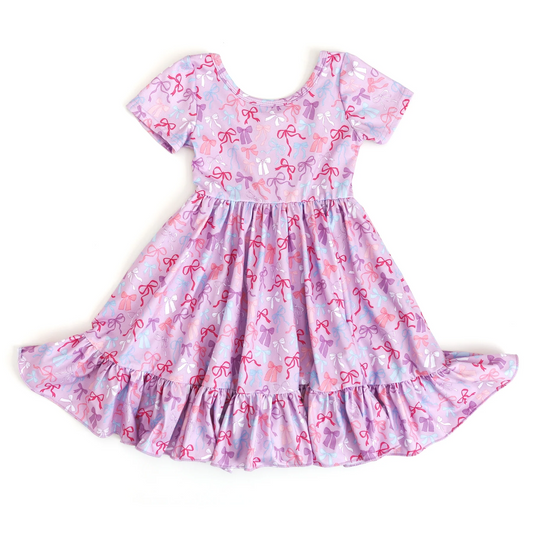 presale GSD2607 Baby Girls Short Sleeves Lavender Bows Ruffle Knee Length Dresses D 5.27