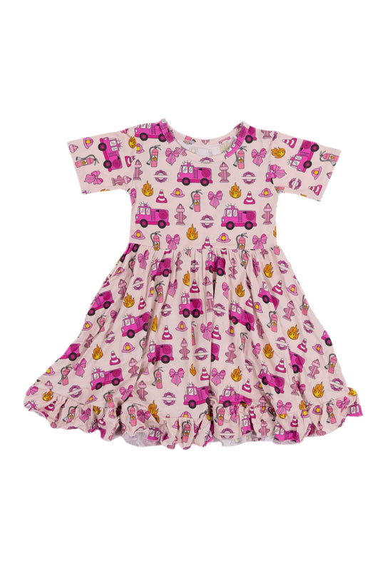 presale GSD2608 Baby Girls Short Sleeves Bows Firetrucks Ruffle Knee Length Dresses D 5.27
