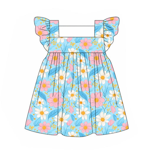 presale GSD2609 Baby Girls Blue Flutter Sleeves Daisy Flowers Knee Length Dresses  D 5.27