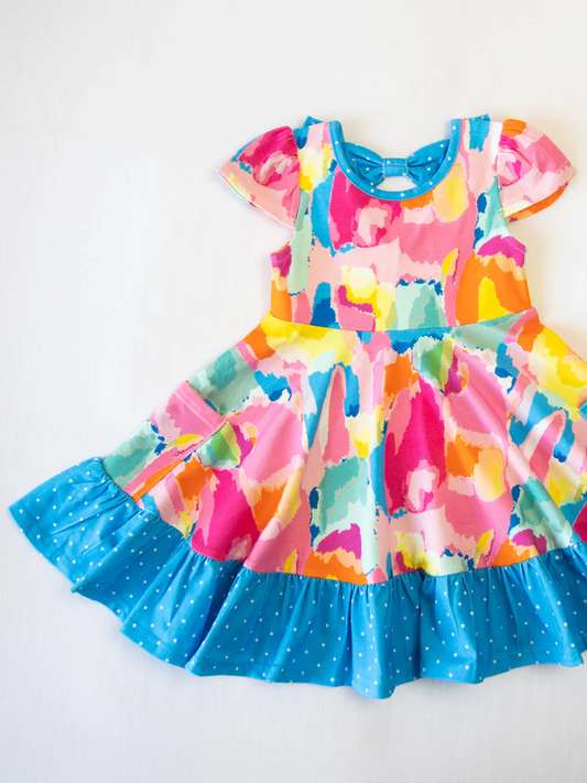 presale GSD2610  Baby Girls Short Sleeves Watercolor Camo Pockets Ruffle Knee Length Dresses D 5.27