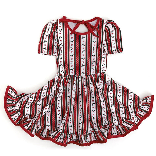 presale GSD2612  Baby Girls Short Sleeves Red Black Bows Stripes Ruffle Knee Length Dresses  D 5.27