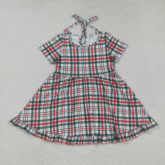 GSD2613 Baby Girls Short Sleeves Red Green Plaid Ruffle Knee Length Dresses D 828