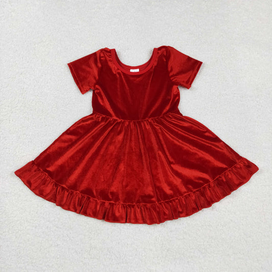 GSD2614 Baby Girls Short Sleeves Red Velvet Ruffle Knee Length Dresses D 829