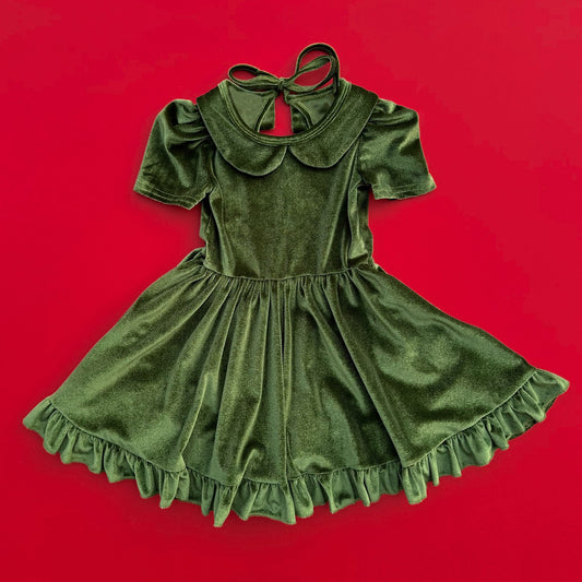 presale GSD2615 Baby Girls Short Sleeves Green Velvet Ruffle Knee Length Dresses D 5.27