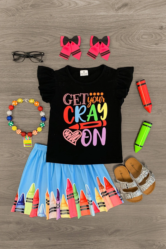 presale GSD2616  Baby Girls Black Flutter Sleeves Back To School Top Blue Skirts Set D 5.27