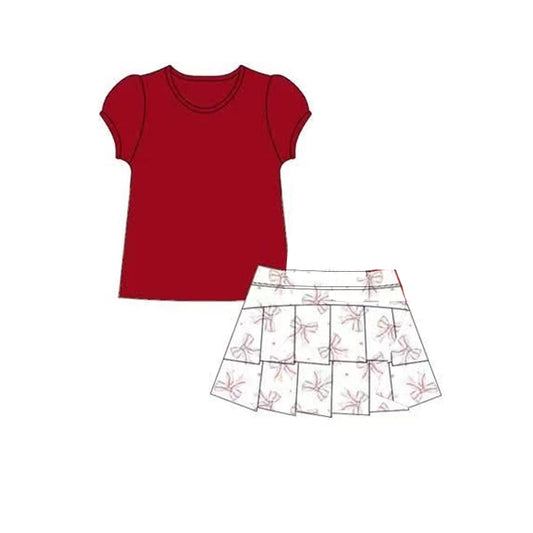 presale GSD2617 Baby Girls Red Short Ruffle Sleeves Shirts Top Bows Ruffle Skirts Yoga Set D 5.27