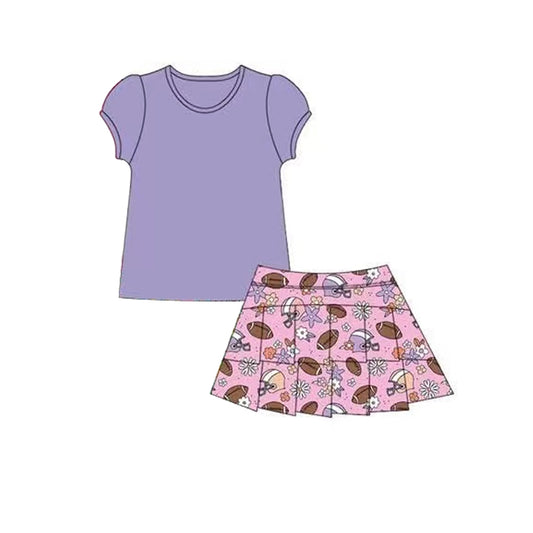 presale GSD2618 Baby Girls Lavender Short Ruffle Sleeves Shirts Footballs Ruffle Skirts Yoga Set D 5.27
