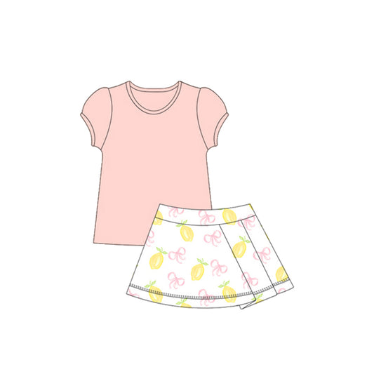 presale GSD2619 Baby Girls Peach Short Ruffle Sleeves Shirts Lemons Bows Ruffle Skirts Yoga Set D 5.27