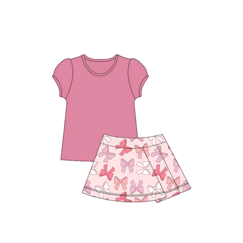 presale GSD2620 Baby Girls Pink Short Ruffle Sleeves Shirts Bows Ruffle Skirts Yoga Set  D 5.27