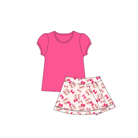 presale GSD2621  Baby Girls Hot Pink Short Ruffle Sleeves Shirts Bows Baseballs Ruffle Skirts Yoga Set  D 5.27