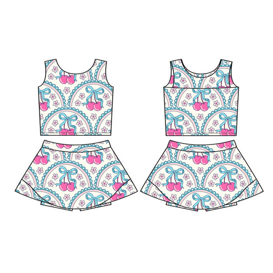 presale GSD2623 Baby Girls Sleeveless Flowers Bows Cherry Vest Top Short Skirts Yoga Set D 5.27
