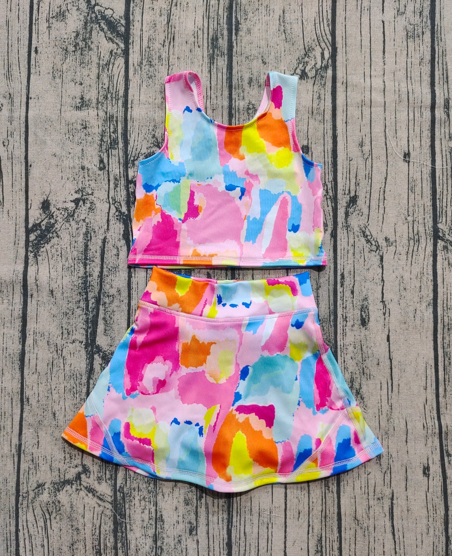 GSD2625 Baby Girls Sleeveless Watercolor Camo Vest Top Short Skirts Yoga Set D 6.24
