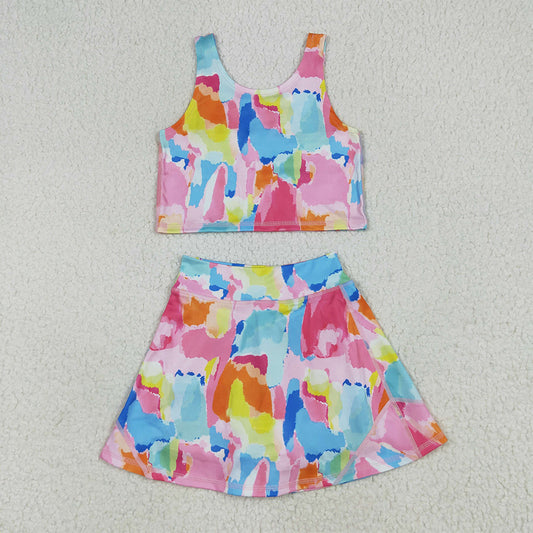 GSD2625 Baby Girls Sleeveless Watercolor Camo Vest Top Short Skirts Yoga Set D 6.24