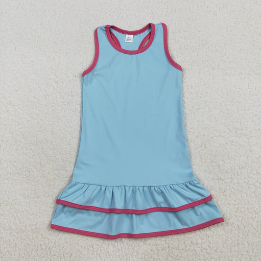 GSD2631 Baby Girls Blue Sleeveless Ruffle Yoga Knee Length Dresses D 7.1
