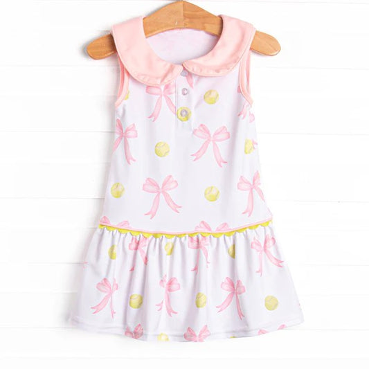 presale GSD2633  Baby Girls Sleeveless Button Pink Bows Baseballs Knee Length Dresses D 5.29