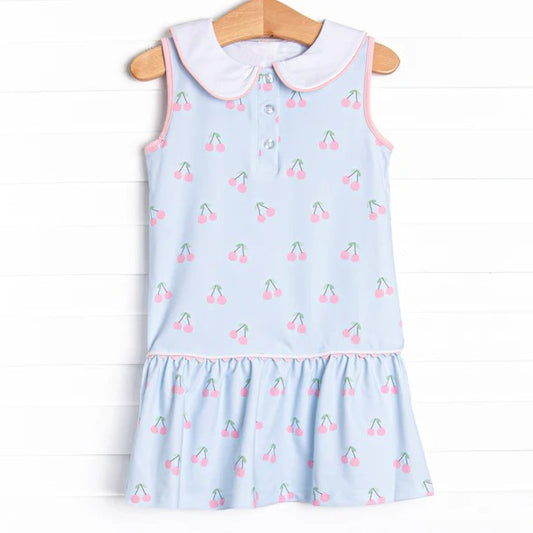 presale GSD2634 Baby Girls Blue Sleeveless Button Cherry Plaid Knee Length Dresses D 5.29